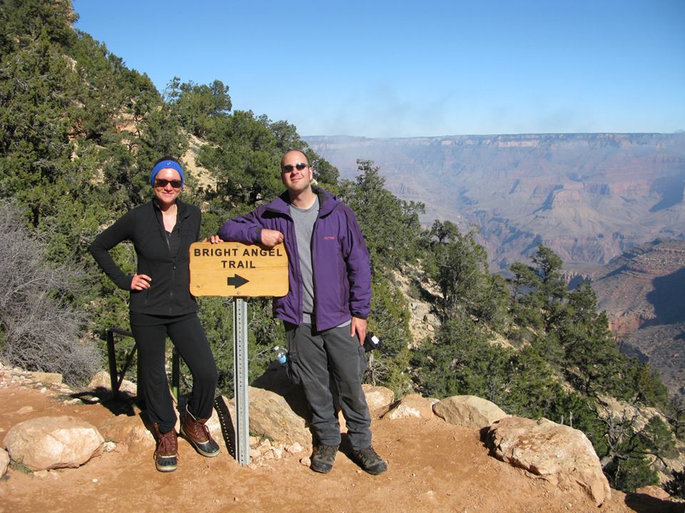 Allegra Borghese and Sylvan Schneider at a sunny point on Bright Angel Trail